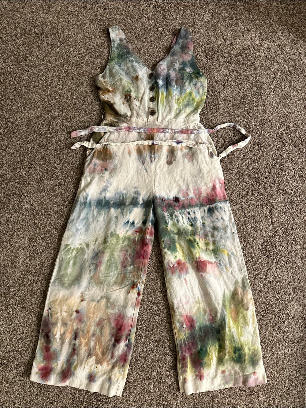 LOFT Cream Multi Tie-Dye Wide-Leg Jumpsuit linen